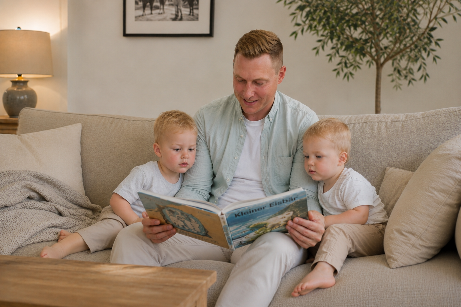 Thomas liest seinen beiden Söhnen abends auf dem Sofa vor